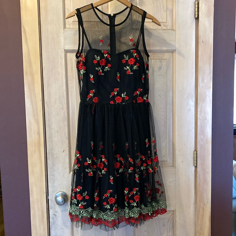 Floral Embroidered Black Kids Dress